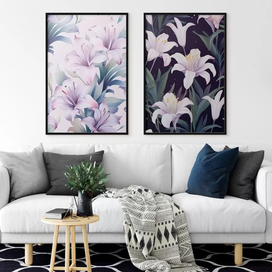 Fototapet Jemné růžové lilie se zelenými listy na světlém a tmavém pozadí d00689