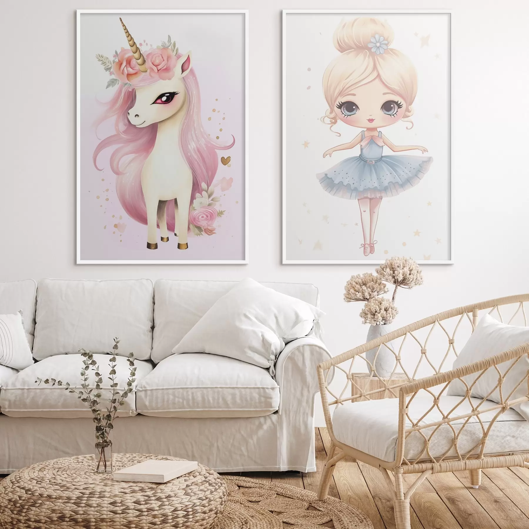 Fototapet Panenka baletka v modrých šatech a jednorožec s růžovou hřívou d00692