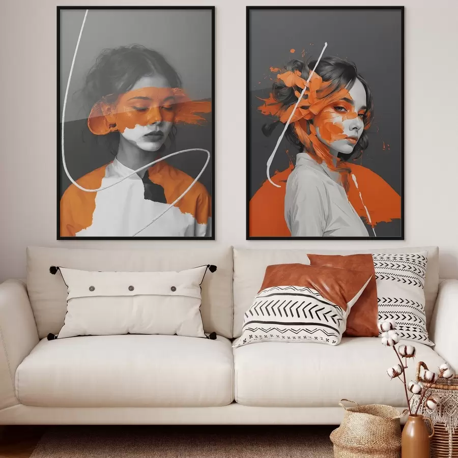 Fototapet Portréty dívek s abstraktními oranžovými tahy štětcem d00693