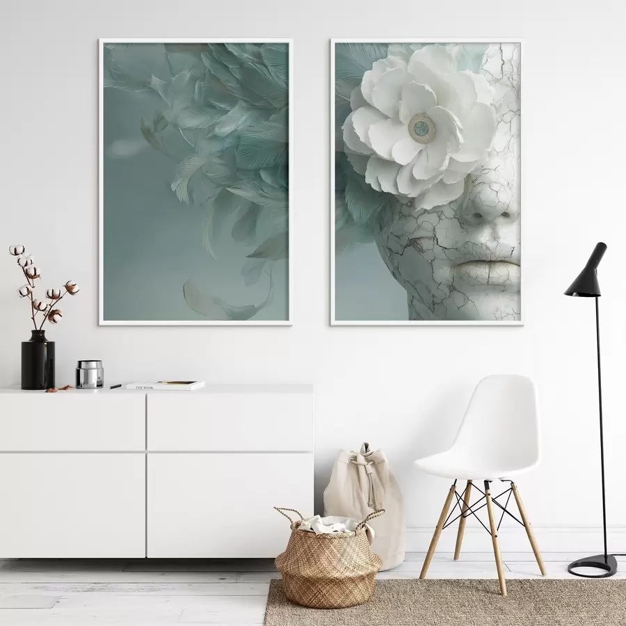 Fototapet mramorová tvář dívky s květinou a peřím d00699