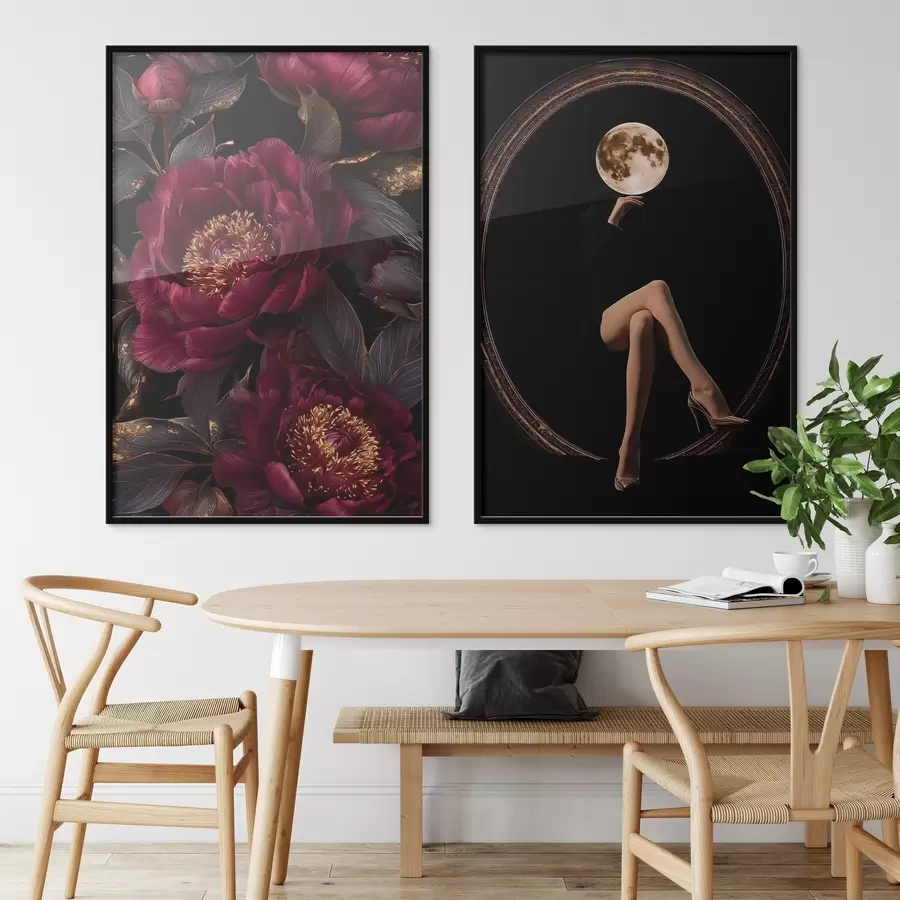 Fototapet Burgundské pivoňky a silueta s měsíční hlavou na černém pozadí d00765