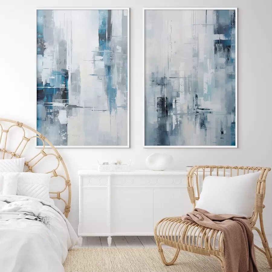 Fototapet Abstraktní malba imitující modrou, šedou a bílou barvu, svislé čáry a geometrické tvary d00819