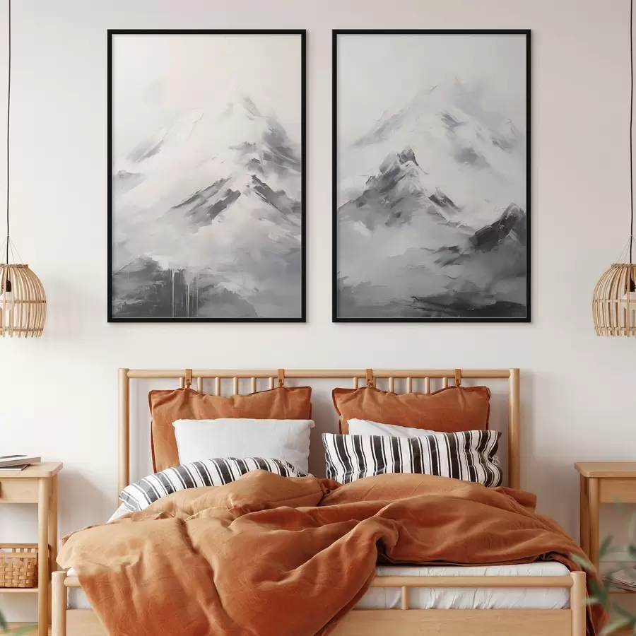 Fototapet Zasněžené horské vrcholy se šedými stíny, šedá obloha, tahy štětcem, texturované, minimalistické d00822