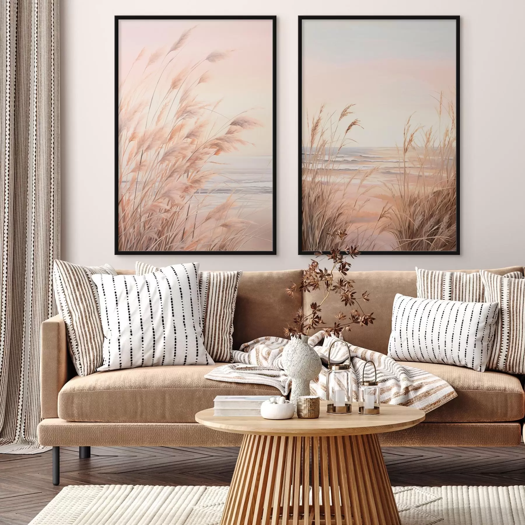 Fototapet Pampová tráva v pastelových oranžových barvách, světle růžová obloha, klidná krajina d00823