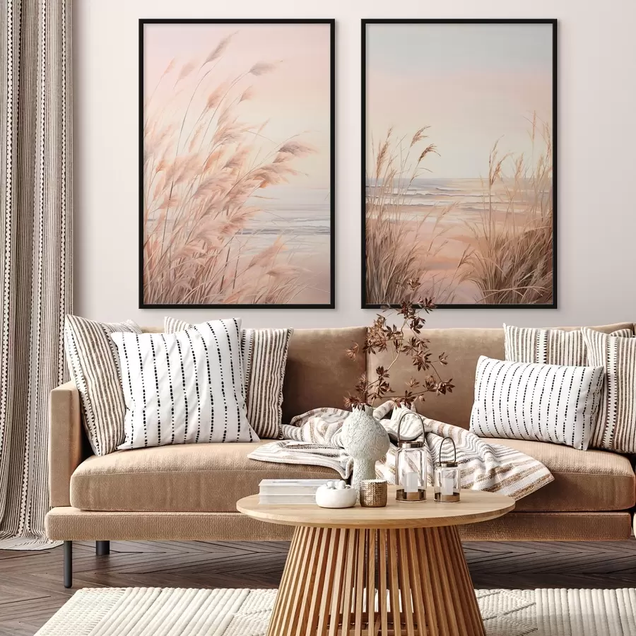 Fototapet Pampová tráva v pastelových oranžových barvách, světle růžová obloha, klidná krajina d00823