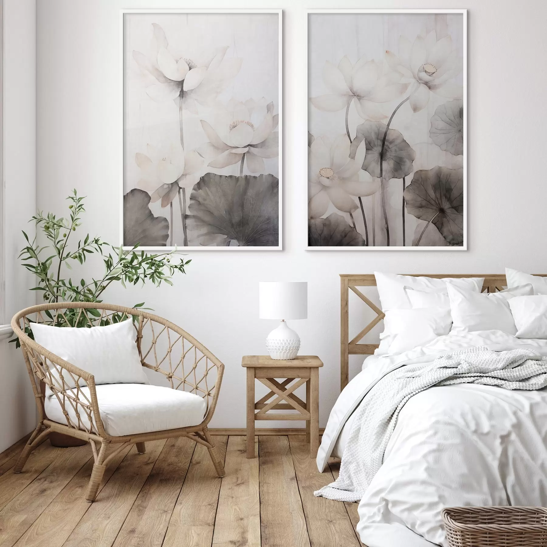 Fototapet Bílé texturované lotosové květy s tmavými listy, světlé pozadí, minimalistický design d00824