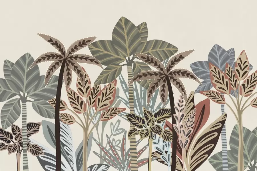 Fototapet Texturované tropické rostliny a palmy v tlumených barvách v dekorativním boho stylu na krémovém pozadí w09639