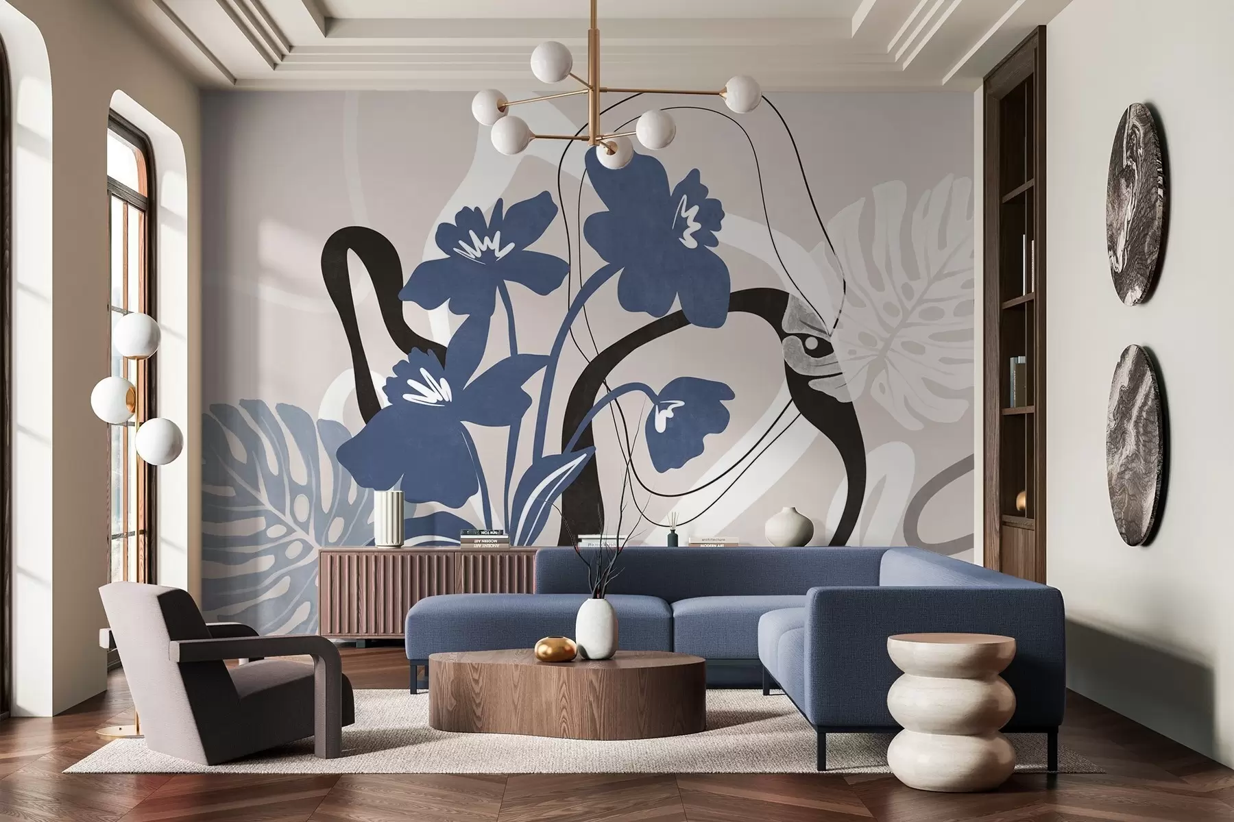 Fototapet Abstraktní texturované modré květy s bílými a černými tvary na světle béžovém pozadí, minimalistické umění w09645