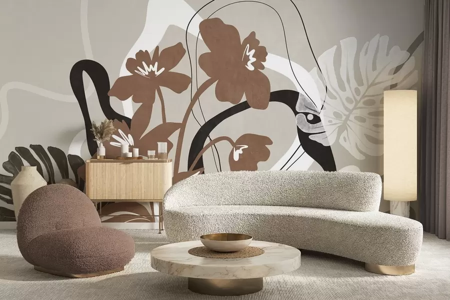 Fototapet Abstraktní texturované hnědé květy s bílými a černými tvary na béžovém pozadí, minimalistické umění w09645v1