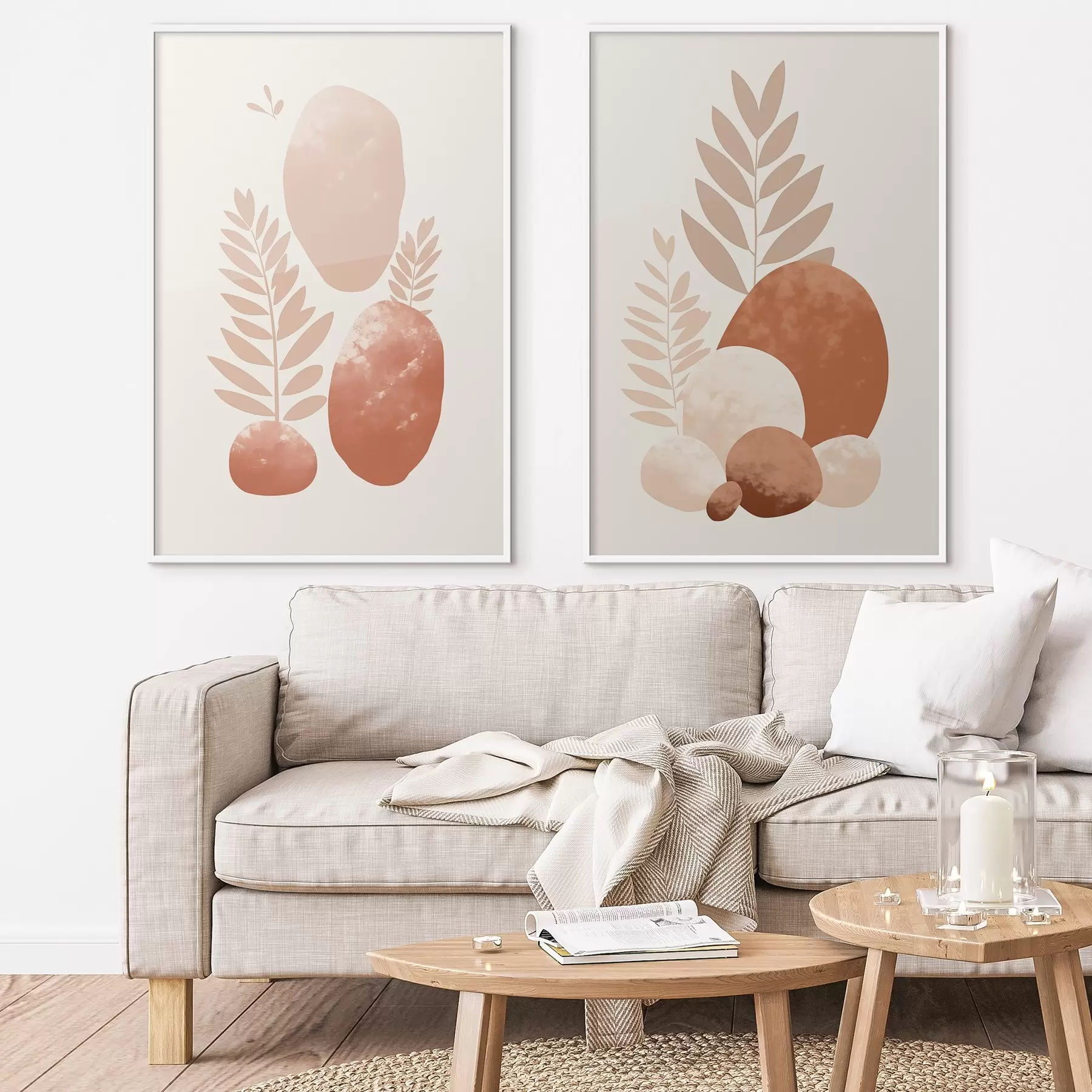 Fototapet Abstraktní tvary, texturované kameny a listy v tlumených broskvových a terakotových tónech, minimalistické, krémové pozadí d01114