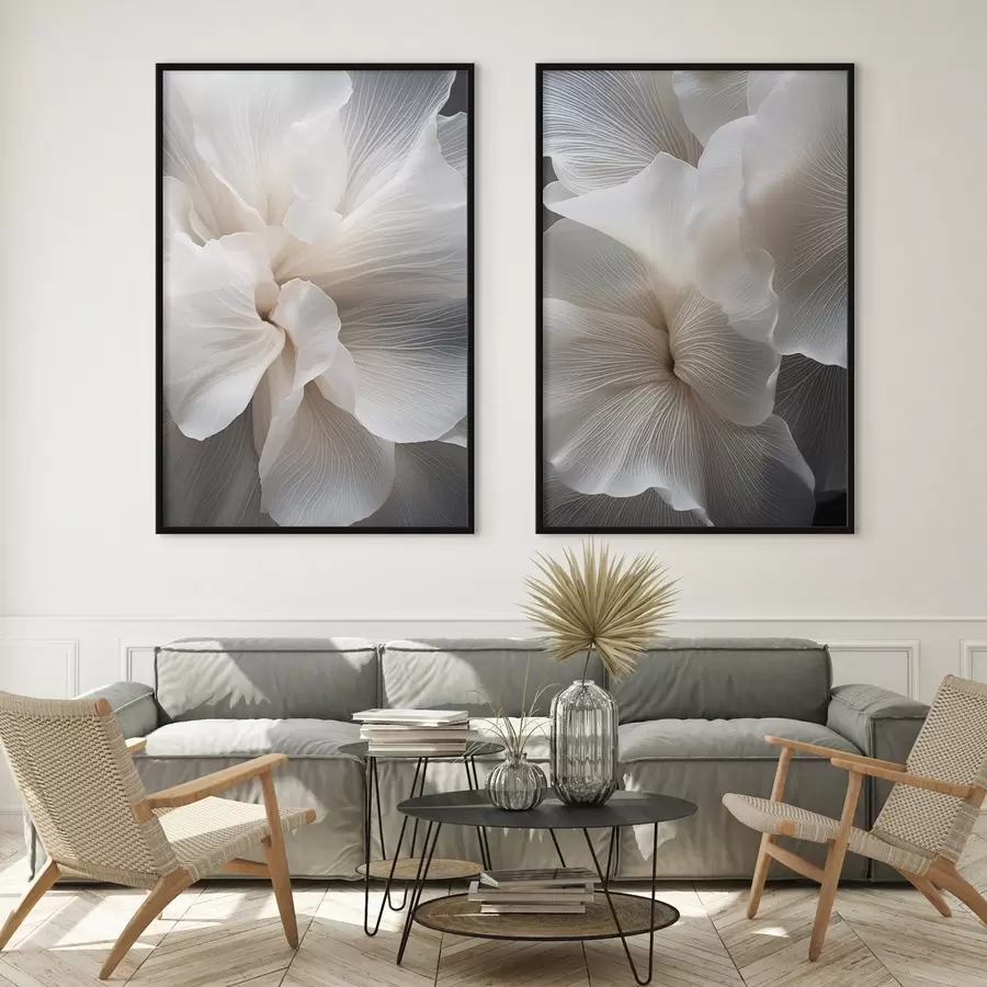 Fototapet Detailní záběr jemných abstraktních bílých okvětních lístků s komplikovanými liniemi a rozmazaným tmavým pozadím d01117