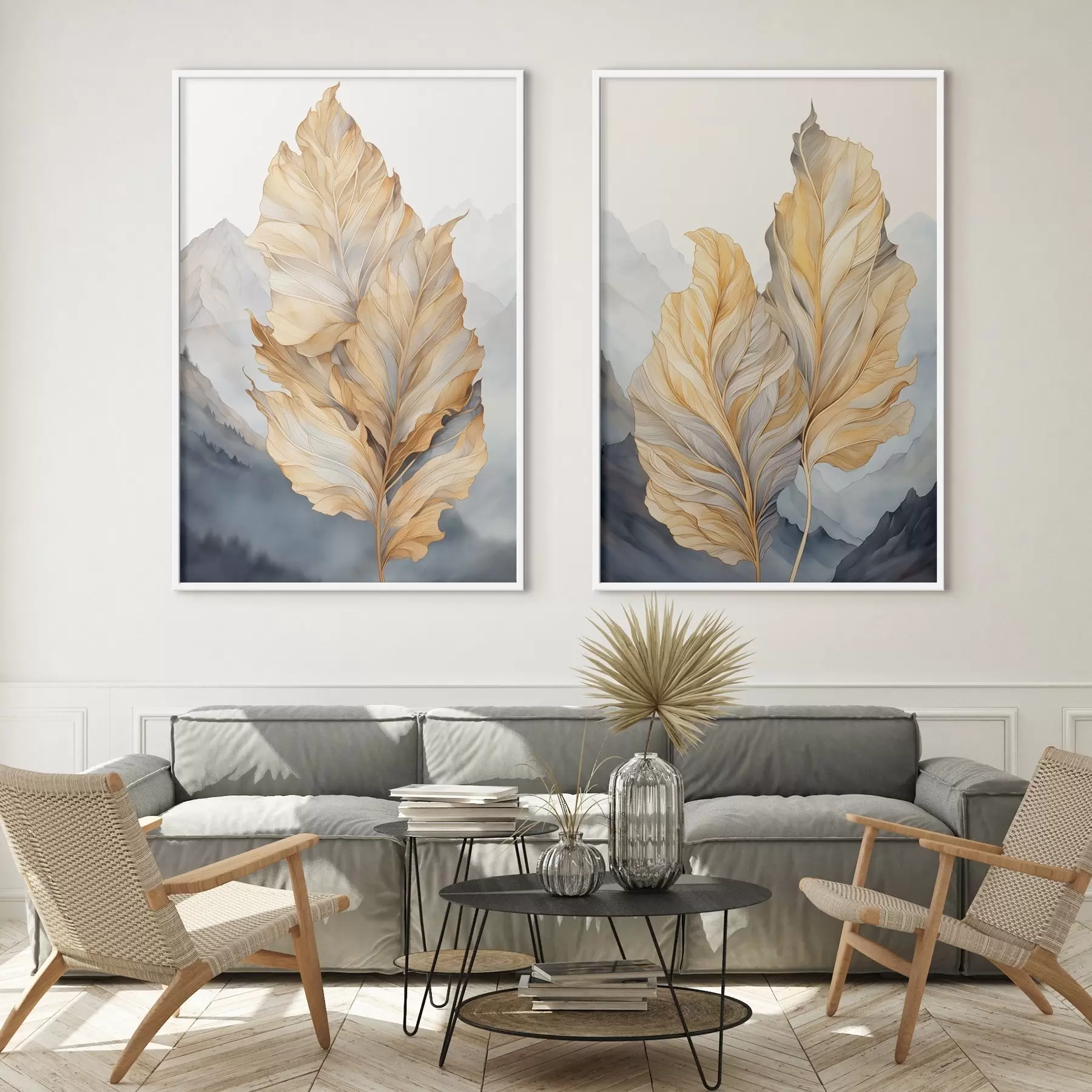 Fototapet Abstraktní velké žluté a hnědé listy se složitými detaily na pozadí horské krajiny d01119