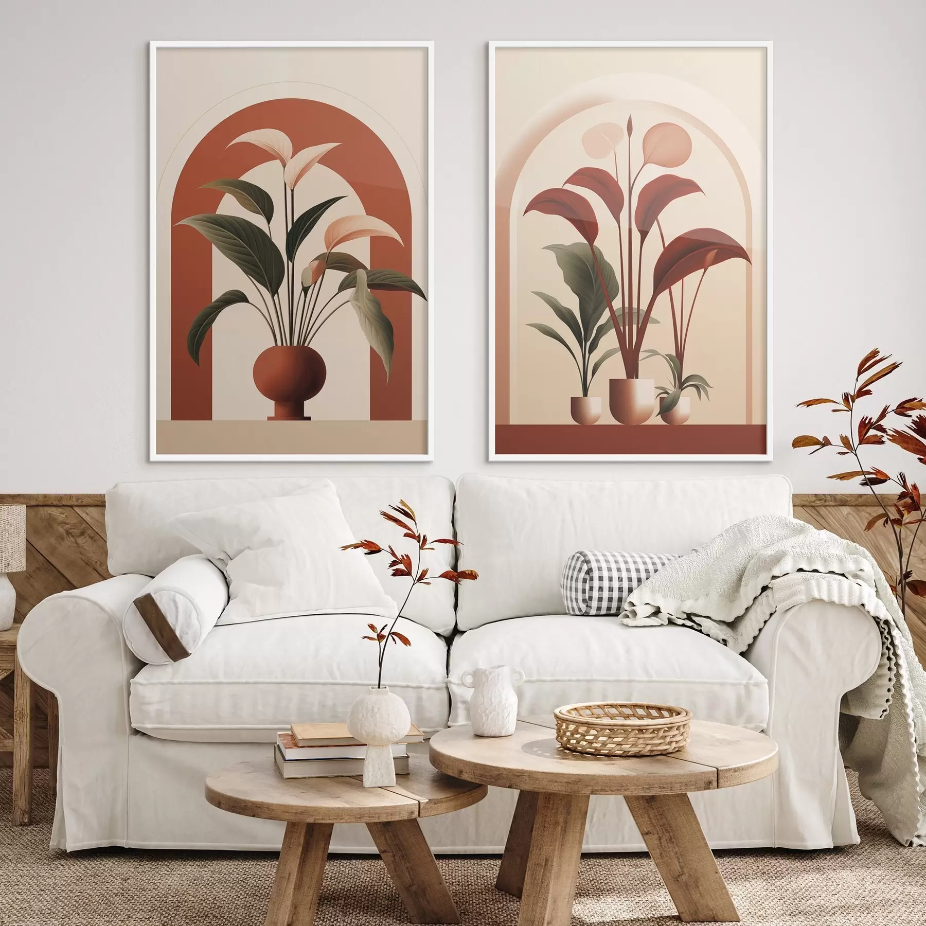 Fototapet Abstraktní rostliny v květináčích s velkými zelenými a červenými listy před krémově zbarveným obloukem d01124