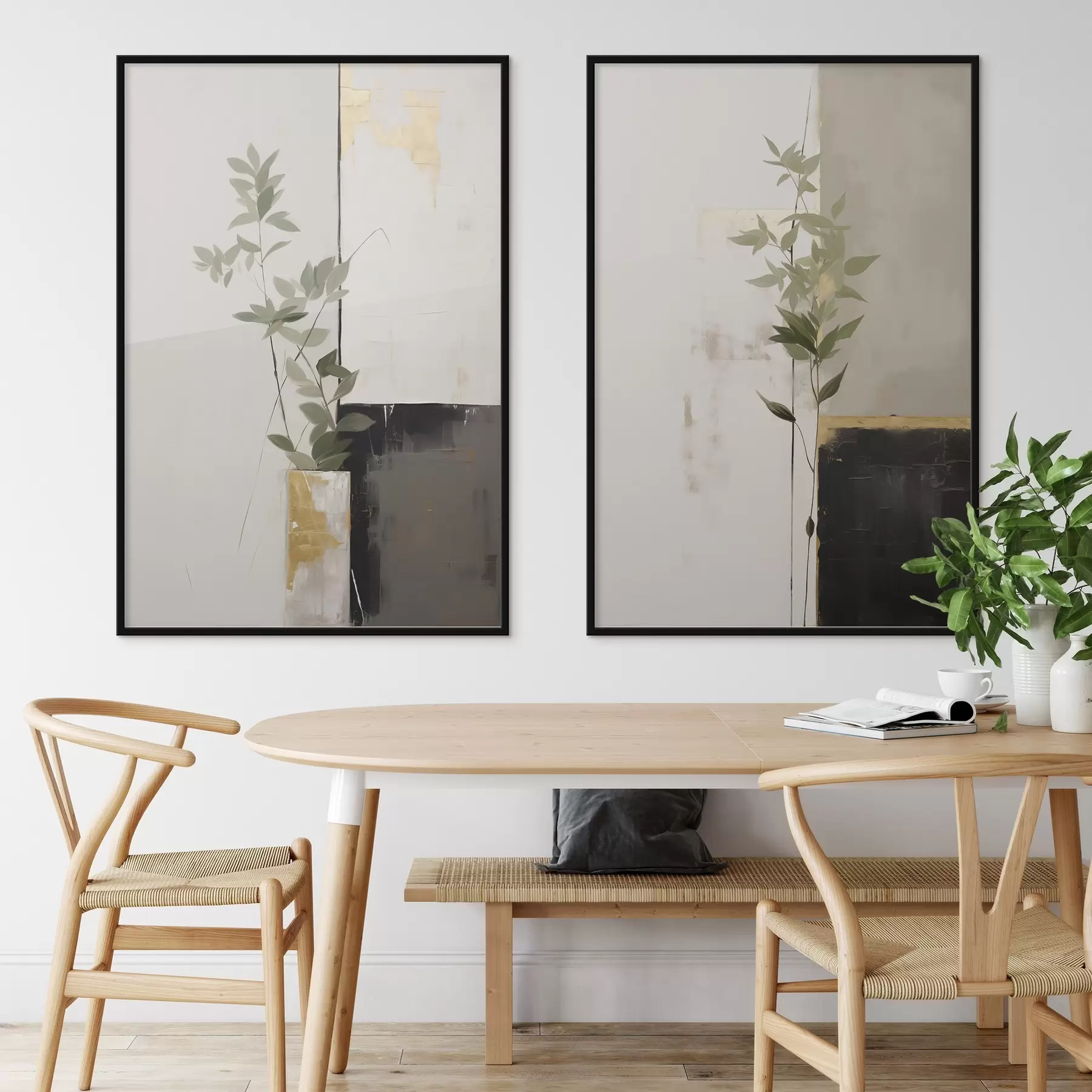 Fototapet Minimalistický texturovaný obraz vázy se zelenými listy na pozadí abstraktních geometrických tvarů. d01126