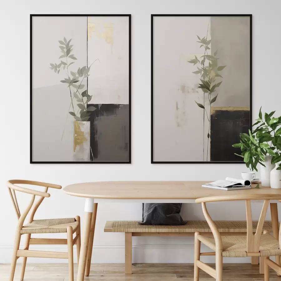 Fototapet Minimalistický texturovaný obraz vázy se zelenými listy na pozadí abstraktních geometrických tvarů. d01126