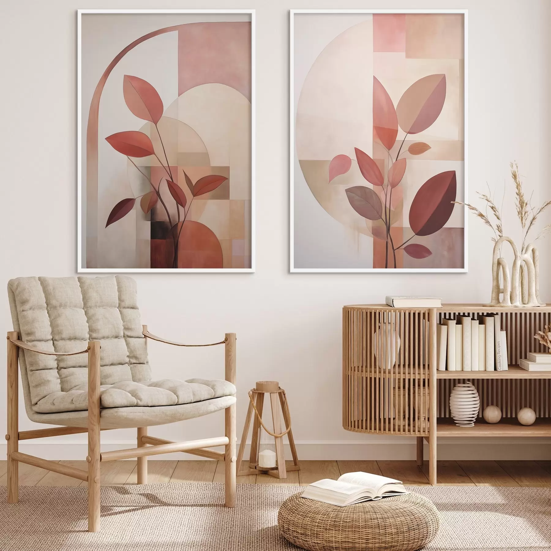 Fototapet Abstraktní rostlina s červenými listy na pozadí geometrických tvarů a jemných, tlumených barev d01128