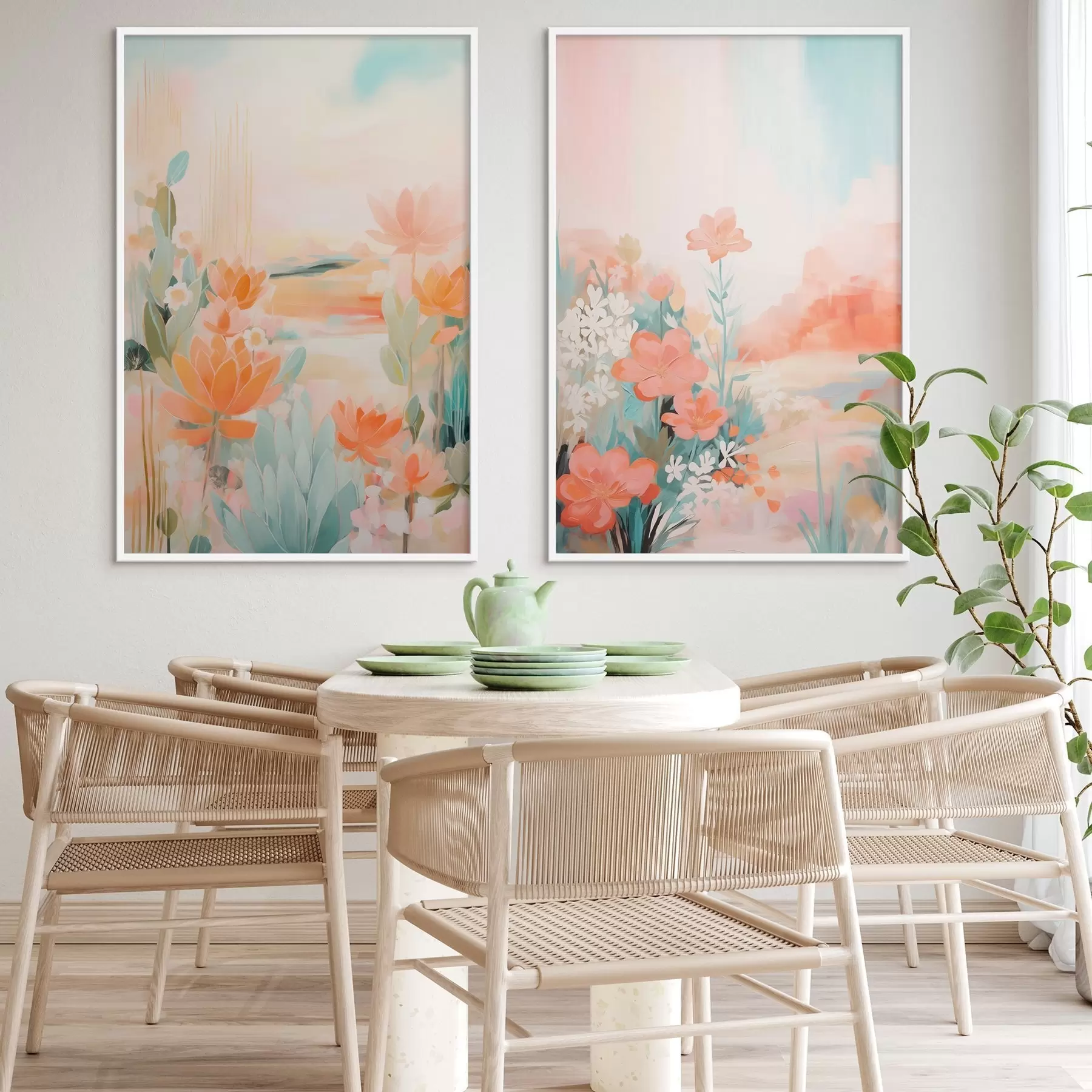 Fototapet Květinové motivy v pastelových tónech na pozadí lehce zamlženého údolí d01085