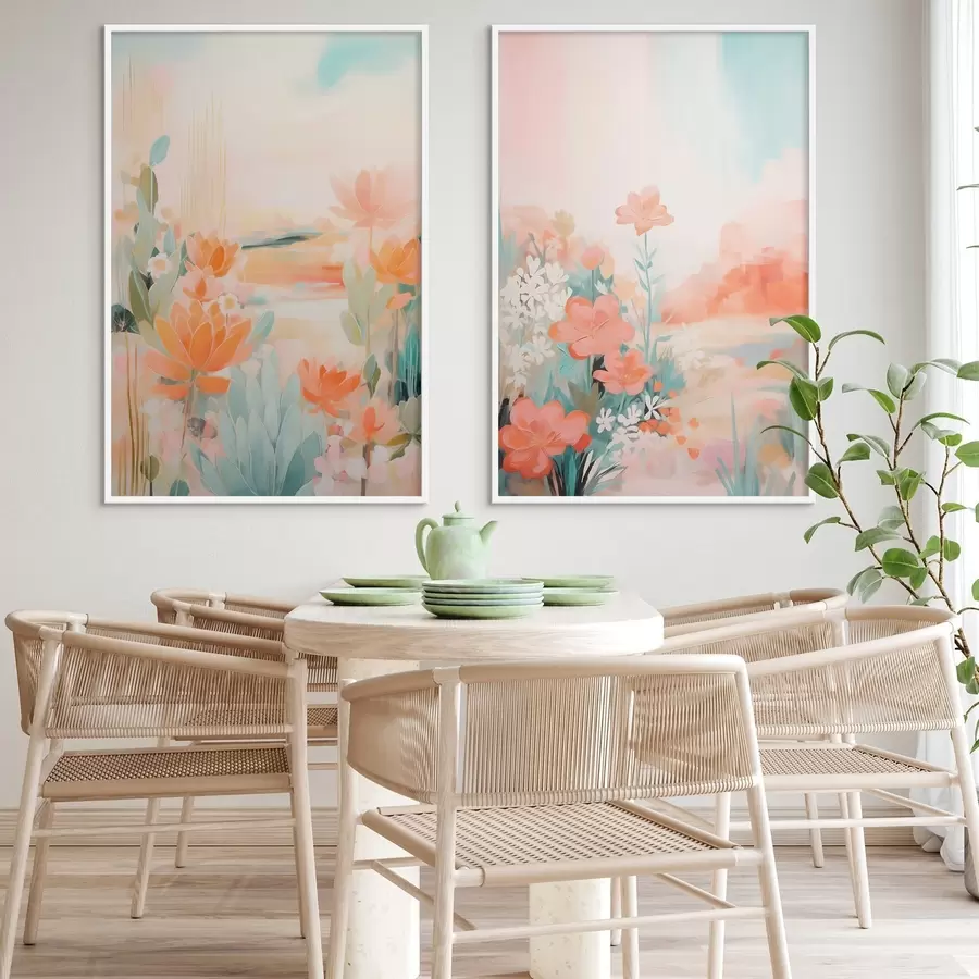 Fototapet Květinové motivy v pastelových tónech na pozadí lehce zamlženého údolí d01085