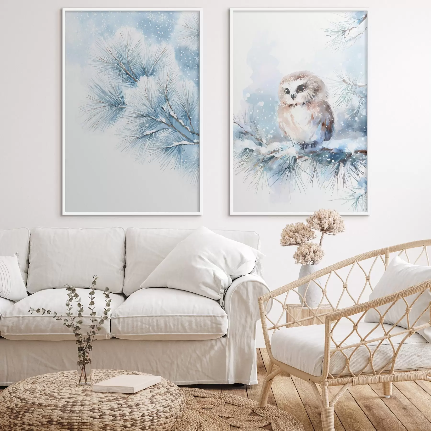 Fototapet roztomilá sova na zasněžené borovicové větvi v akvarelovém stylu d01168