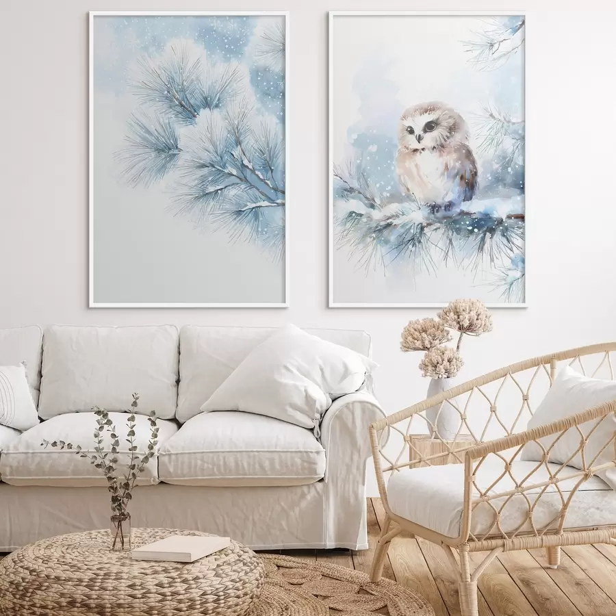 Fototapet roztomilá sova na zasněžené borovicové větvi v akvarelovém stylu d01168