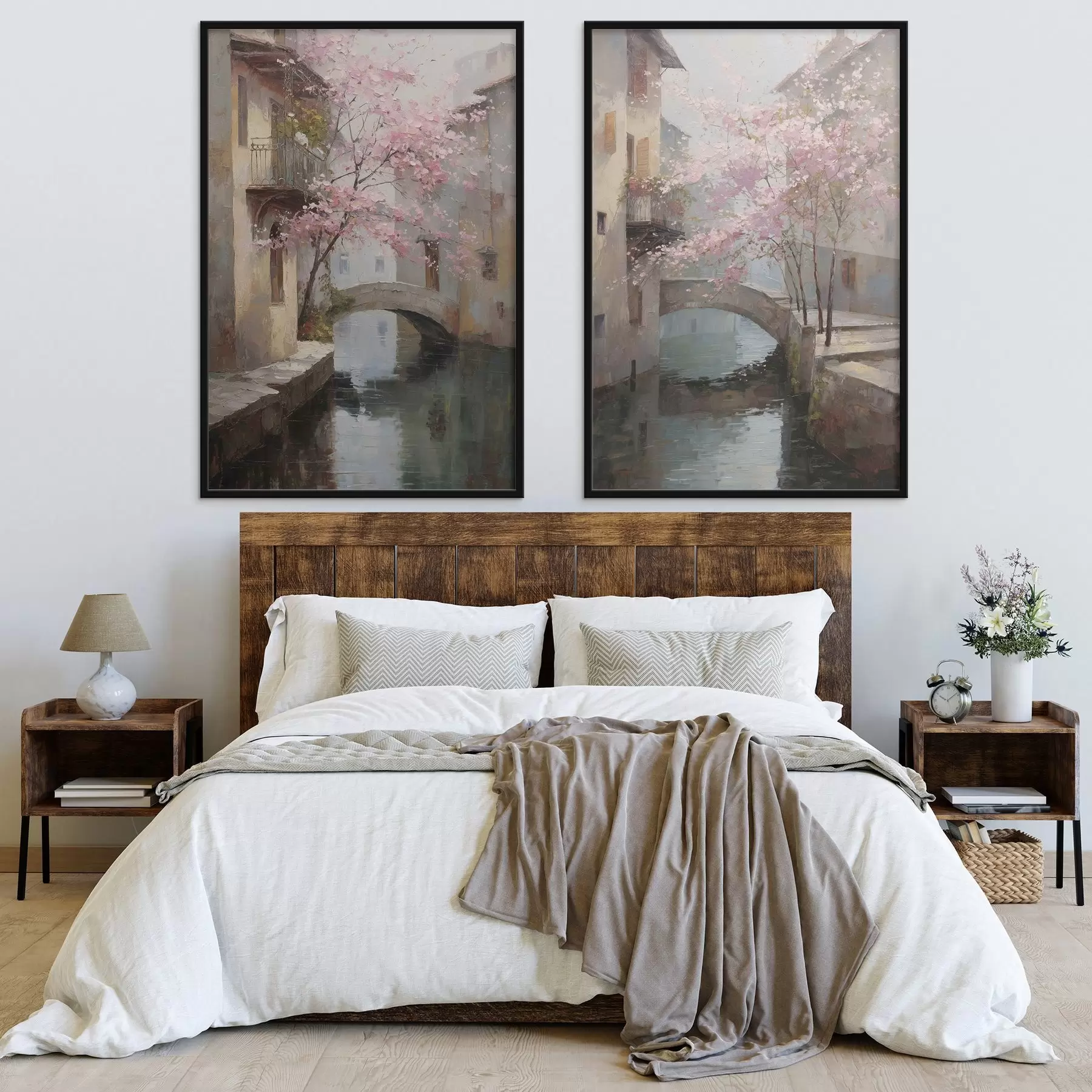 Fototapet romantický městský pohled s rozkvetlým stromem ve stylu olejomalby d01173