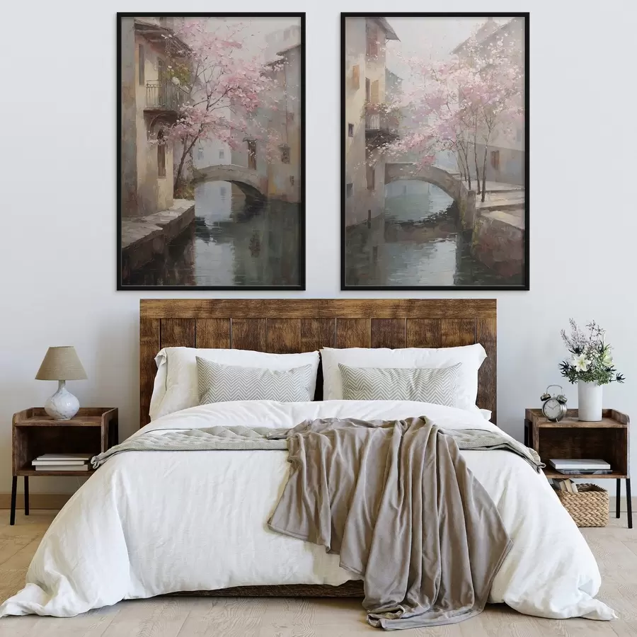 Fototapet romantický městský pohled s rozkvetlým stromem ve stylu olejomalby d01173