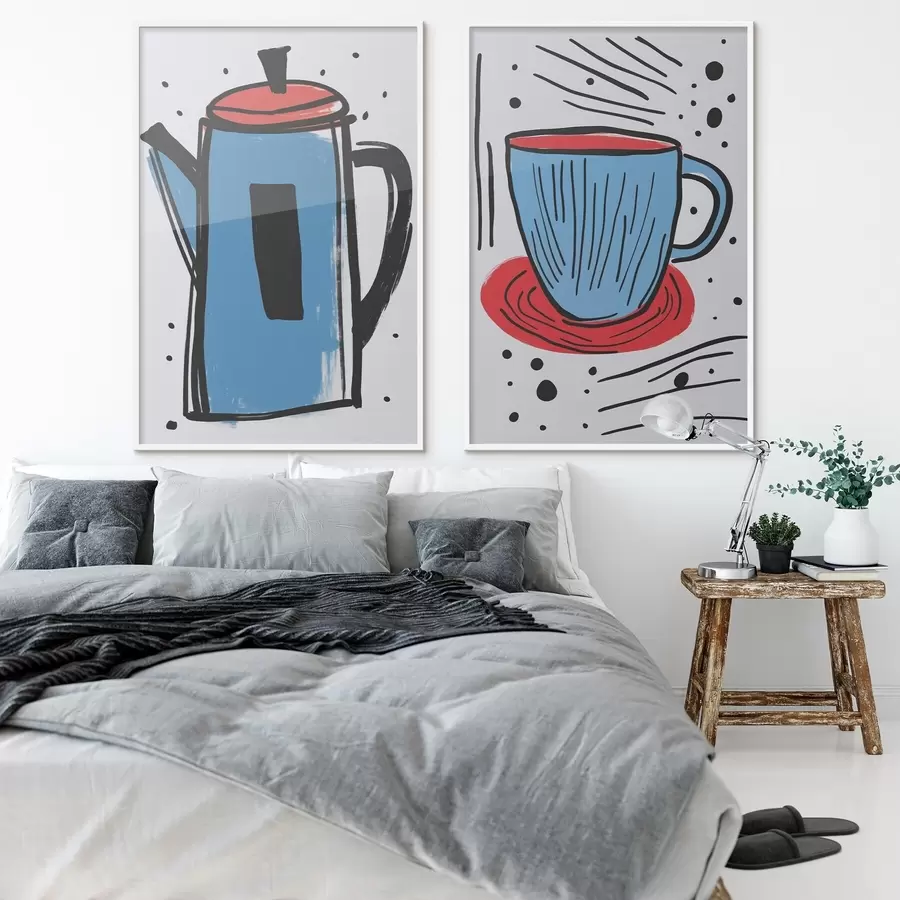 Fototapet Kávová konvice a šálek napodobující primitivní kresbu d01225