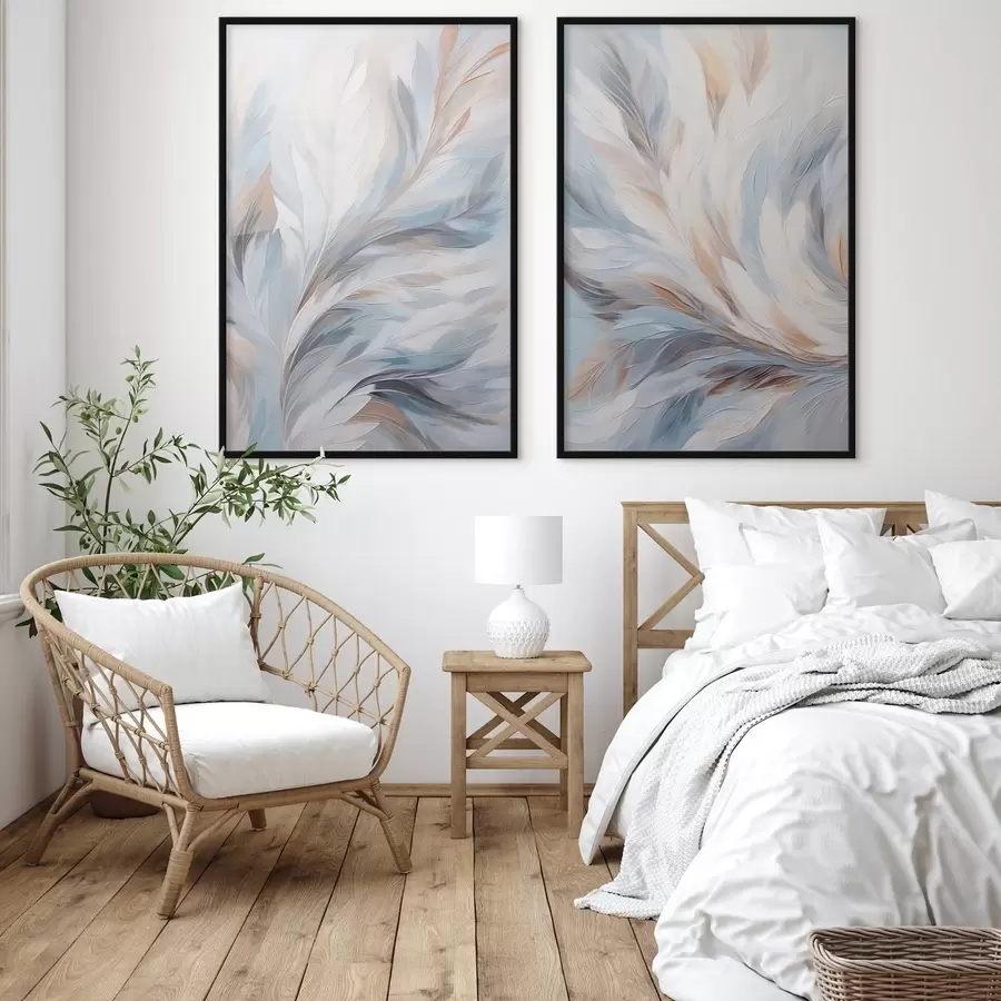 Fototapet Abstraktní malba peří v odstínech bílé, modré a hnědé barvy, s jemnou, plynulou texturou a světlým pozadím. d01234