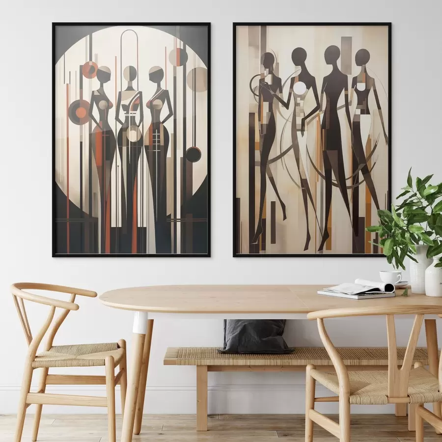 Fototapet Stylizované ženské postavy s geometrickými prvky na abstraktním pozadí vertikálních čar a kruhů d01237