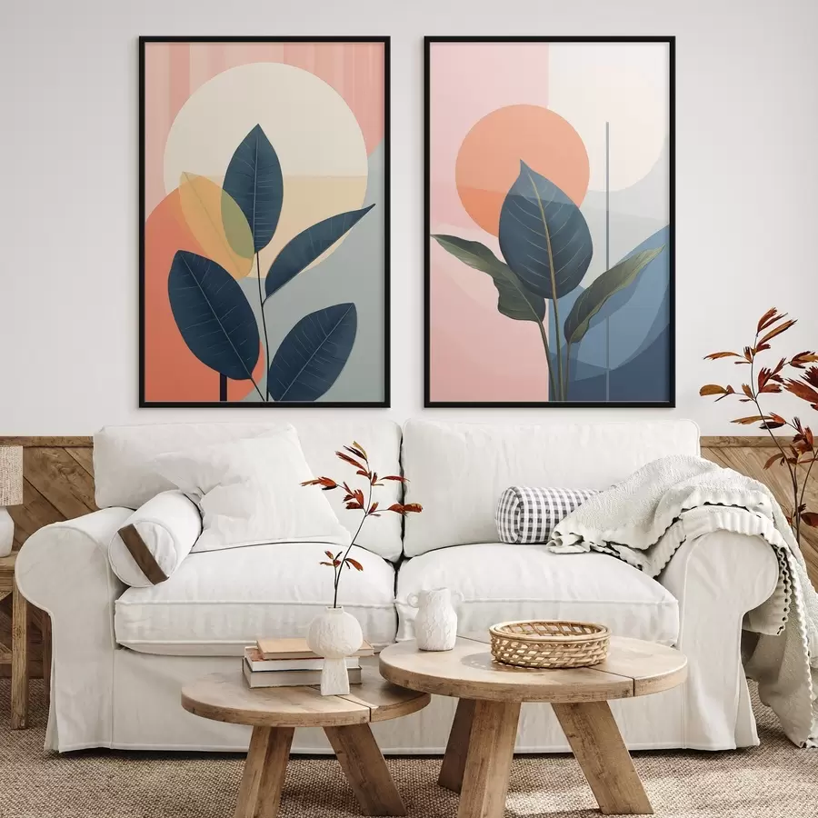 Fototapet Tmavé listy na pozadí abstraktních tvarů v broskvové a šedé barvě s velkým světle žlutým kruhem d01238