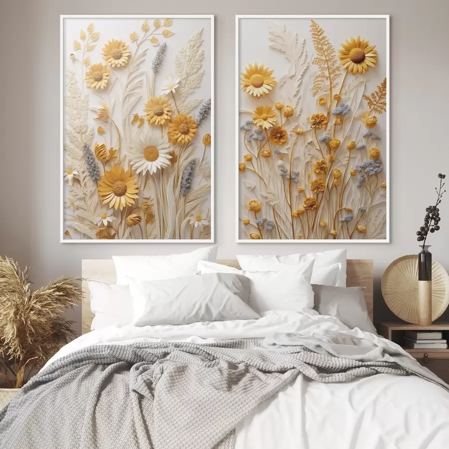 Fototapet Texturovaná kolekce žlutých a bílých sedmikrásky se sušenými trávami a levandulovými větvičkami na bílém pozadí d01241