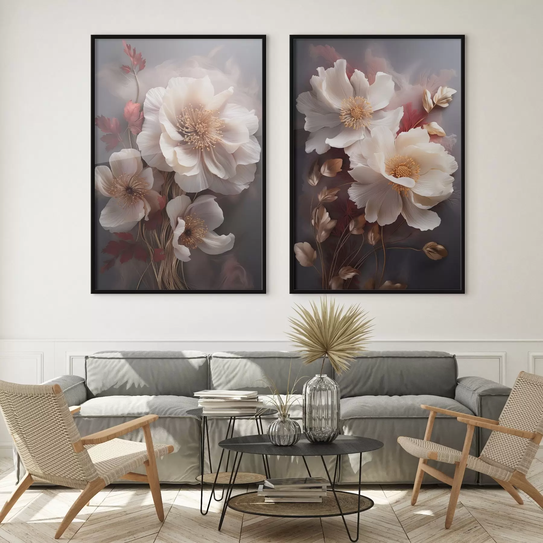 Fototapet Jemné pivoňky s tenkými, jemnými okvětními lístky, obklopené tmavě červenými a žlutými listy na abstraktním pozadí d01243