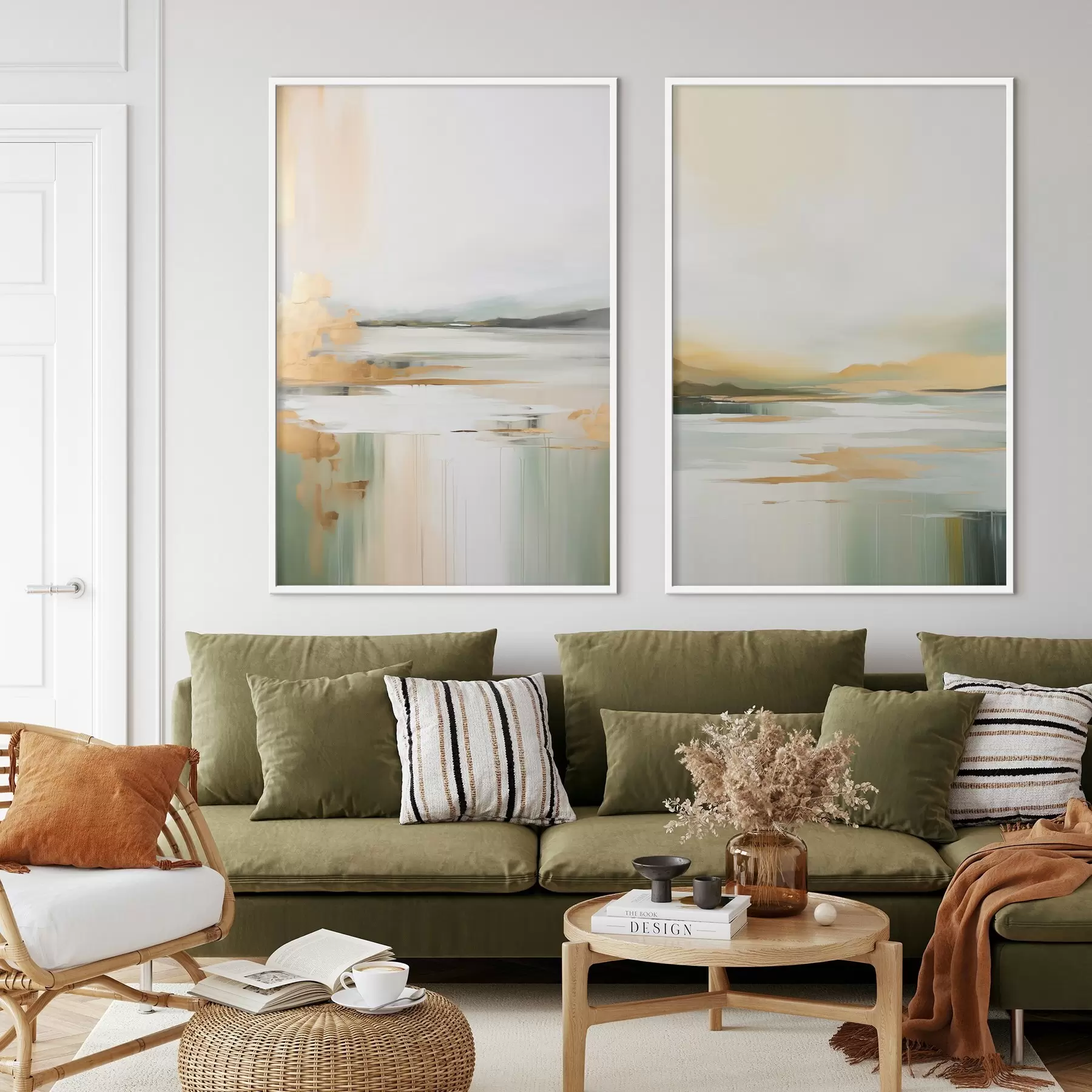 Fototapet Abstraktní krajina se žlutými a zelenými tóny, voda odrážející oblohu a vzdálené hory, bledá, zamlžená obloha d01245