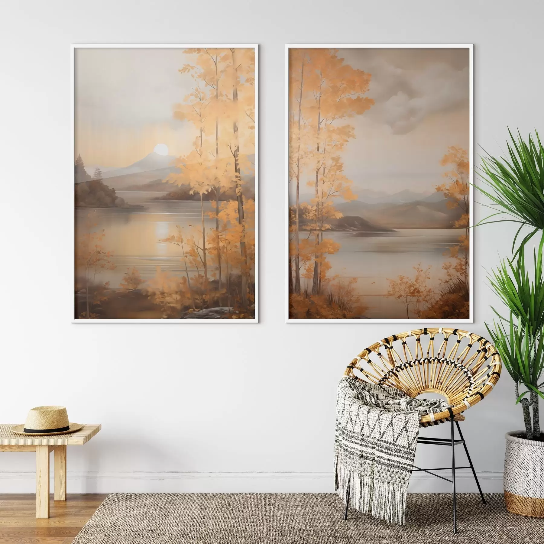 Fototapet Podzimní stromy s oranžovými listy rámují klidné jezero s vzdálenými horami pod zamračenou oblohou. d01246