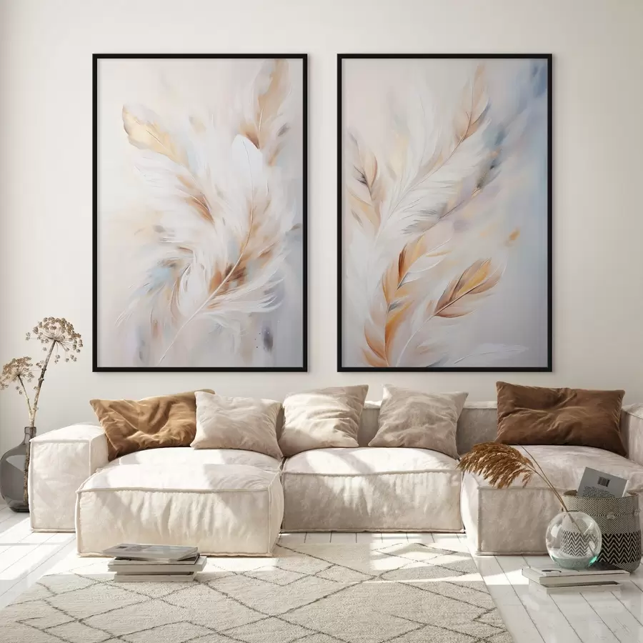 Fototapet Velká, měkká peříčka v kombinaci bílé, žluté a hnědé barvy na světlém, abstraktním pozadí. d01247