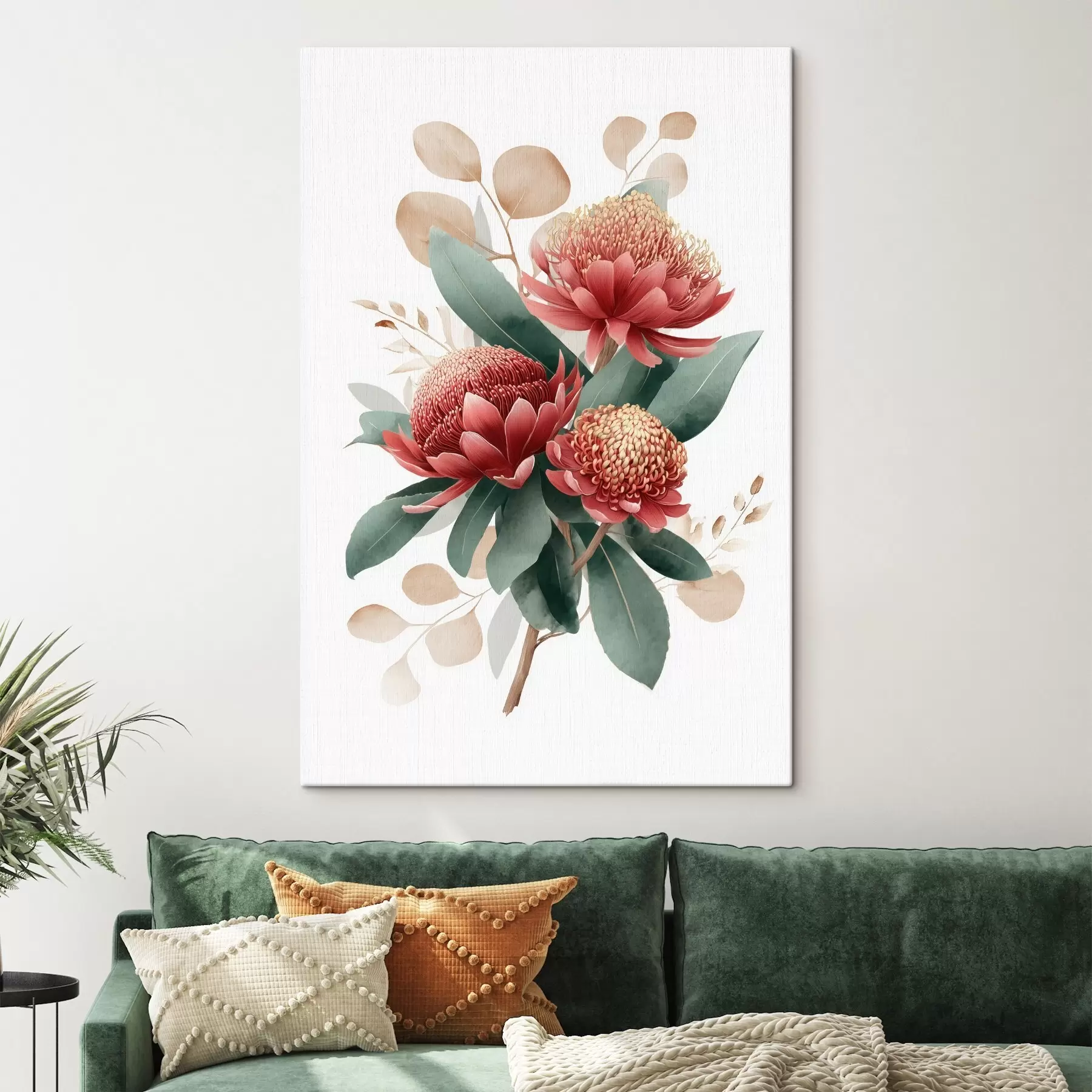 Obraz Výrazná kytice z proteí a dekorativních listů v moderním uměleckém stylu Č. s46954