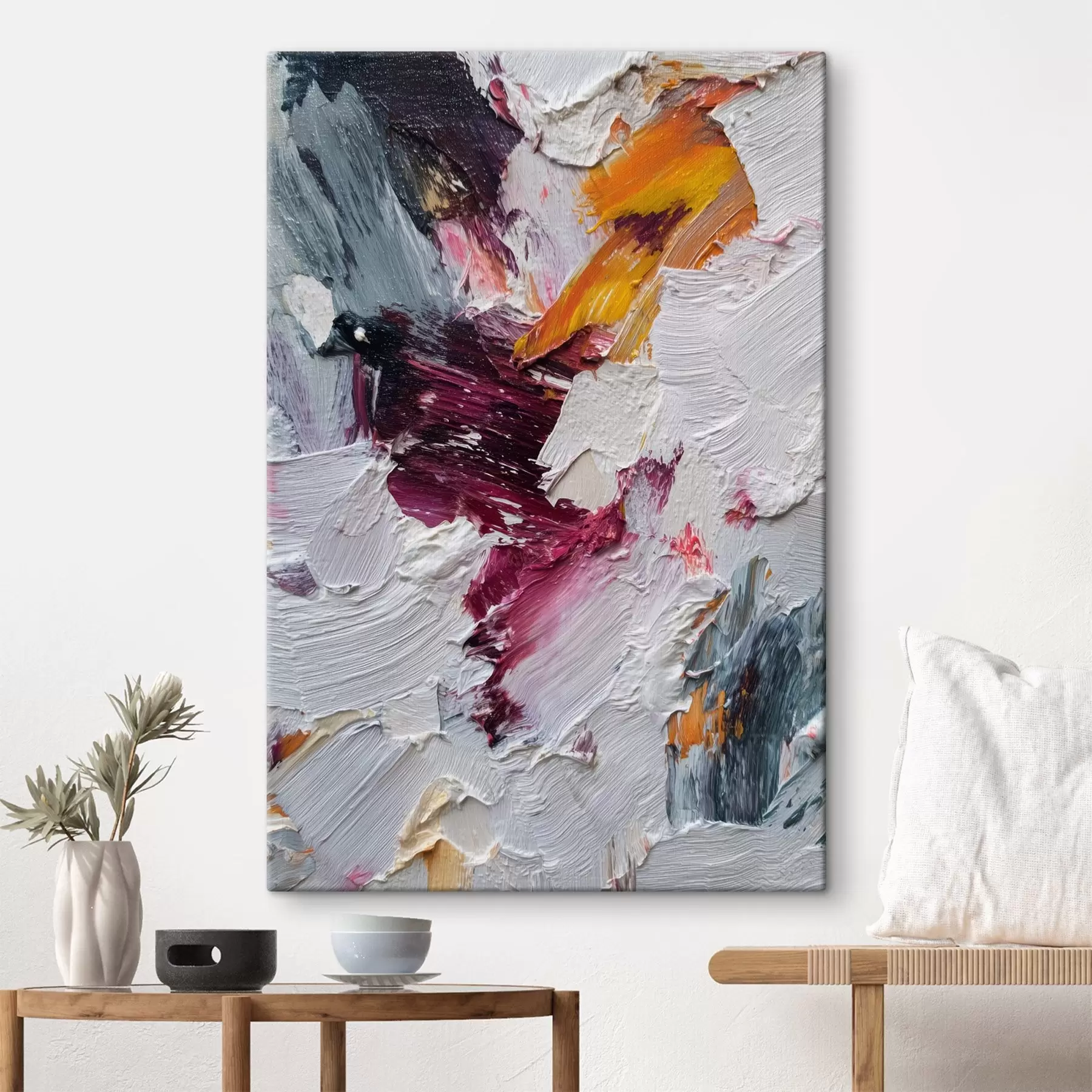 Obraz Abstraktní kompozice s intenzivními třešňovými a oranžovými tahy štětcem ve stylu olejomalby Č. s46959