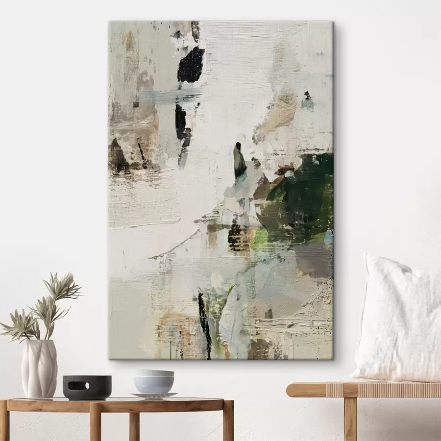 Obraz Abstraktní kompozice v pastelových tónech s tmavě zelenými akcenty v olejomalířském stylu Č. s46960