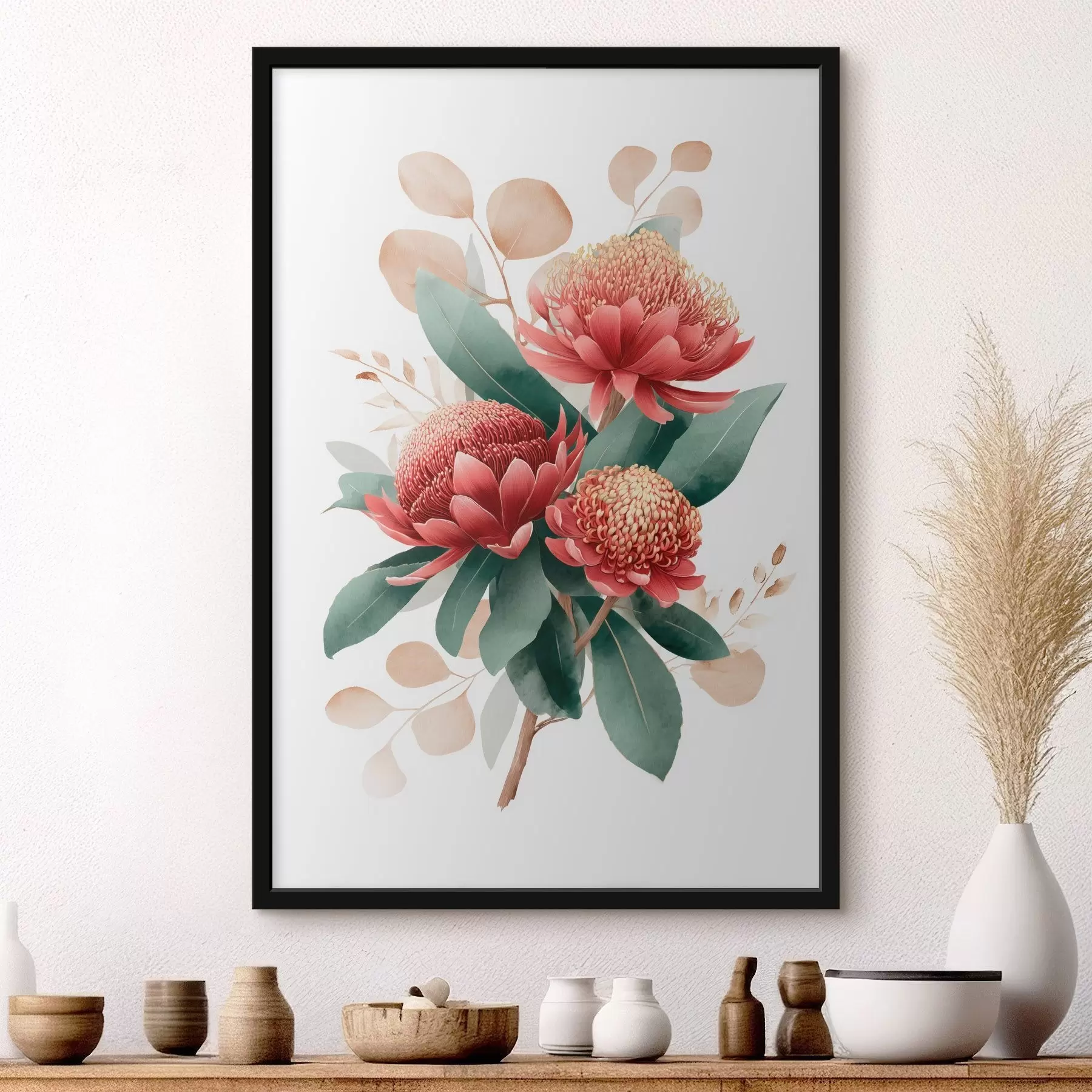 Fototapet Výrazná kytice z proteí a dekorativních listů v moderním uměleckém stylu f46954