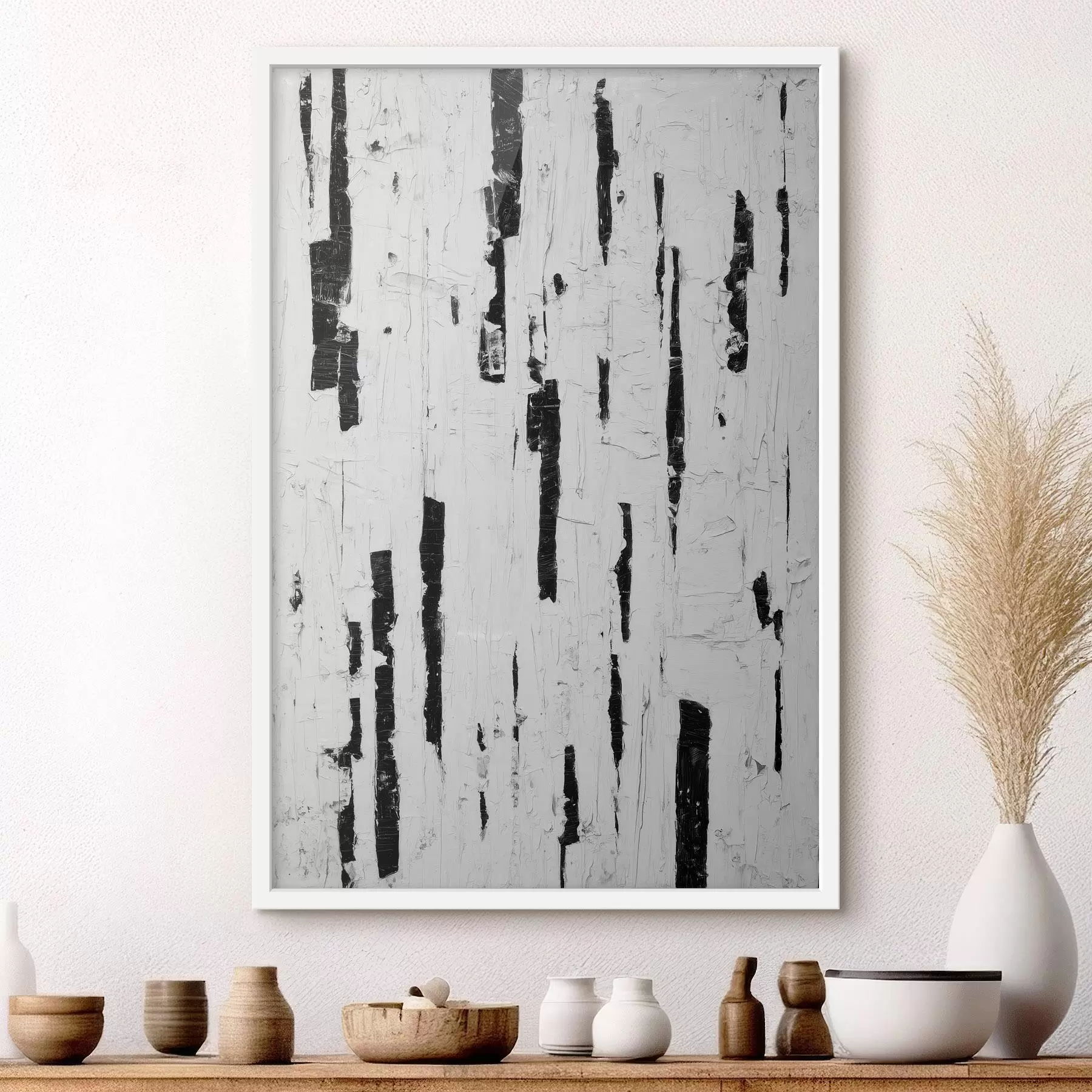Fototapet Abstraktní kompozice s černými svislými tahy štětcem na bílém pozadí ve stylu olejomalby f46956