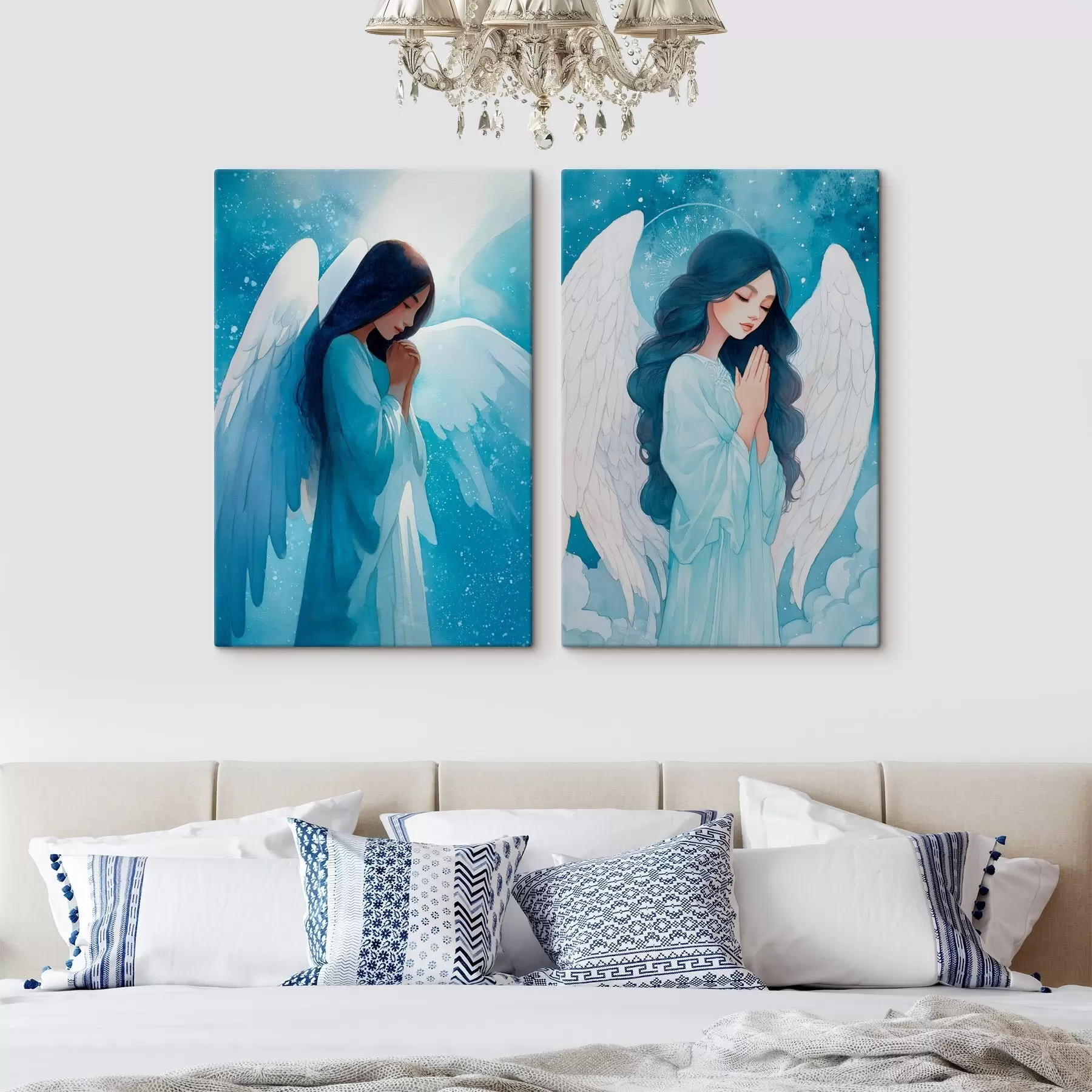 Obraz Moderní sakrální umění v akvarelovém stylu s vyobrazením anděla strážného v modrém rouchu Č. m01153