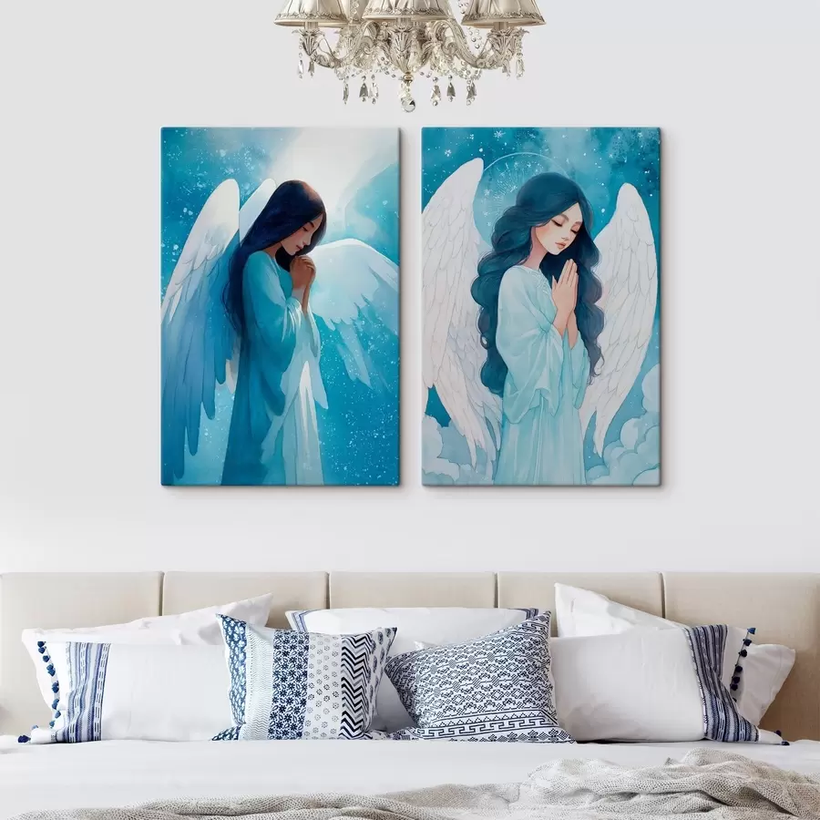 Obraz Moderní sakrální umění v akvarelovém stylu s vyobrazením anděla strážného v modrém rouchu Č. m01153