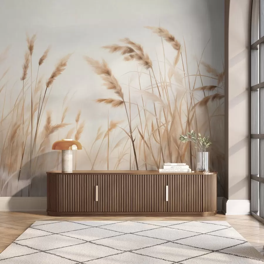 Fototapet Vysoká, strukturovaná suchá tráva s klasy pšenice na poli na pozadí jemné, světlé barvy w09648