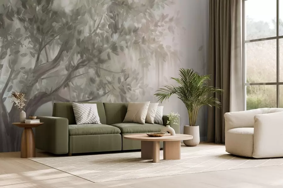 Fototapet Texturovaný strom se světle zelenými listy a větvemi, s jemným, zamlženým pozadím w09650