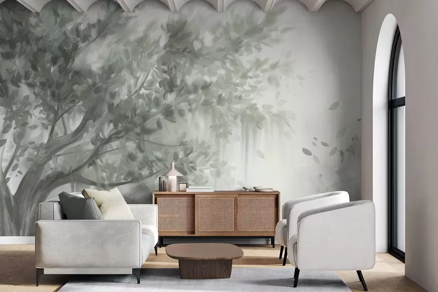 Fototapet Texturovaný strom se zelenými listy a větvemi, s jemným, zamlženým pozadím w09650v1