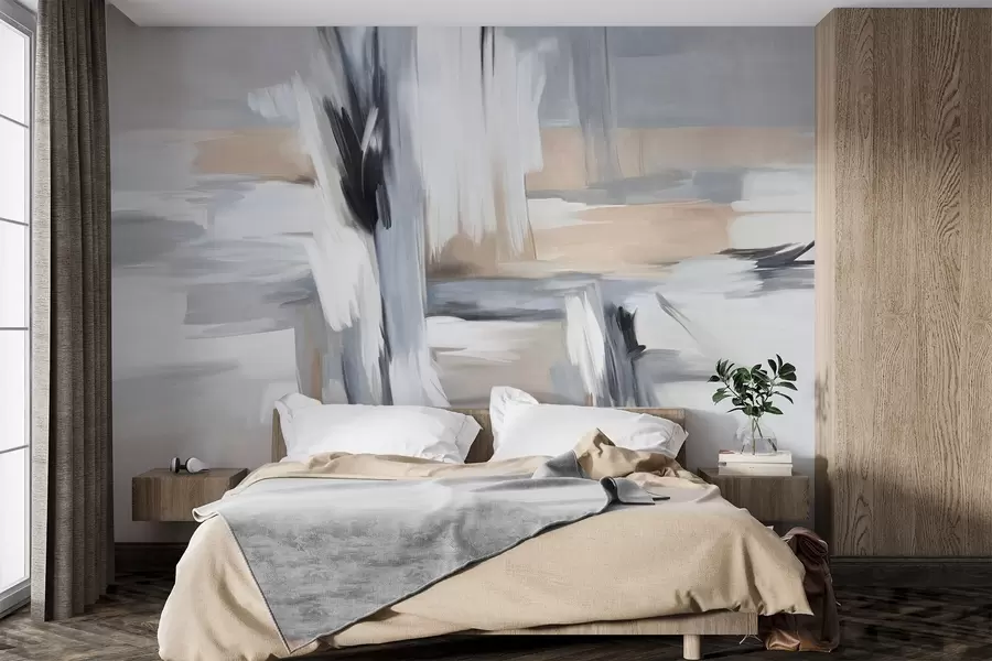 Fototapet Abstraktní malířský styl s texturou a tahy štětcem v odstínech bílé, šedé a béžové w09651