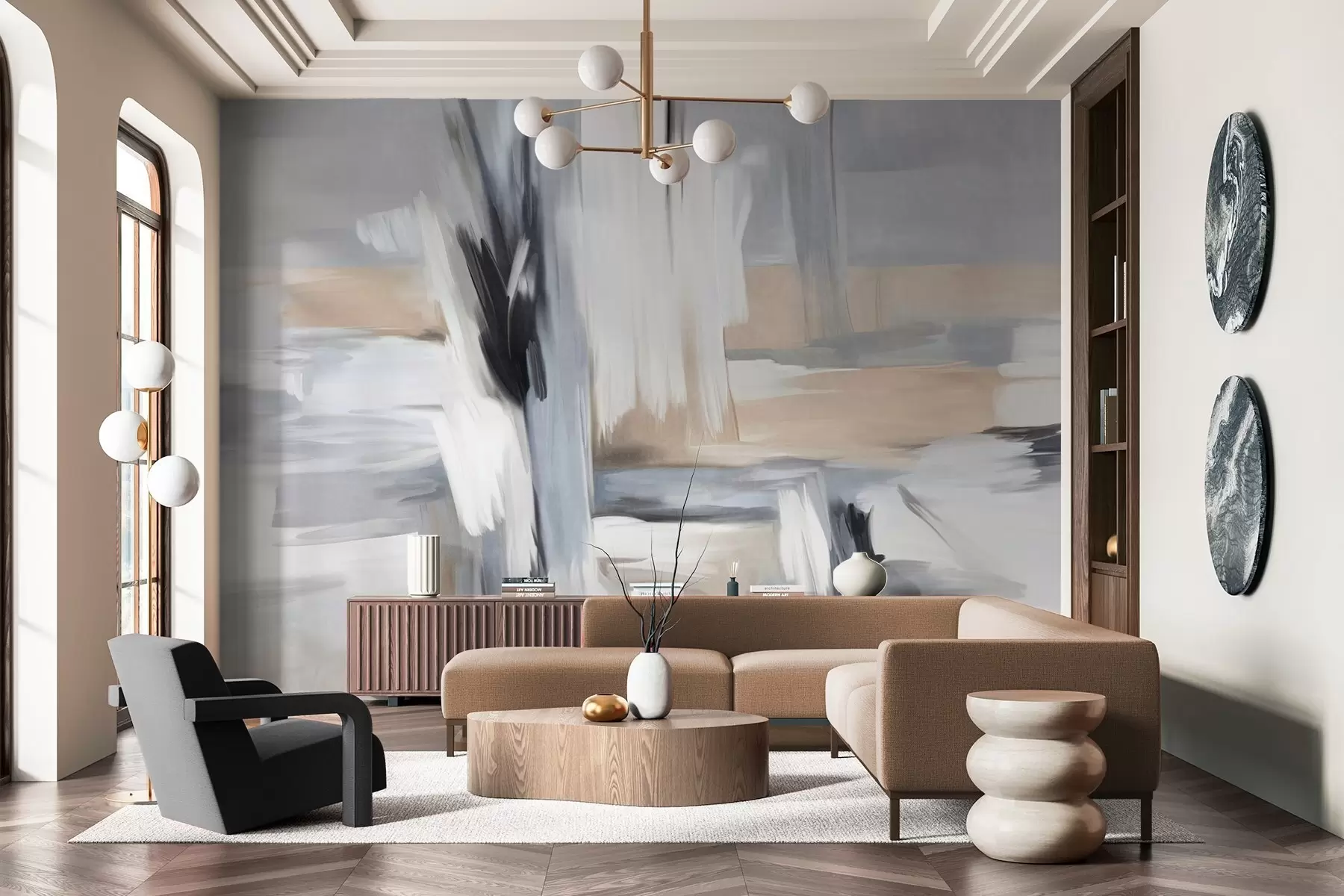 Fototapet Abstraktní malířský styl s texturou a tahy štětcem v odstínech bílé, šedé a béžové w09651