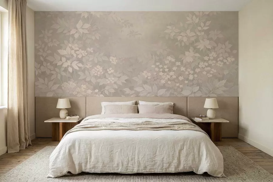 Fototapet Jemný botanický vzor s listy a květinami v mlze w05115v1