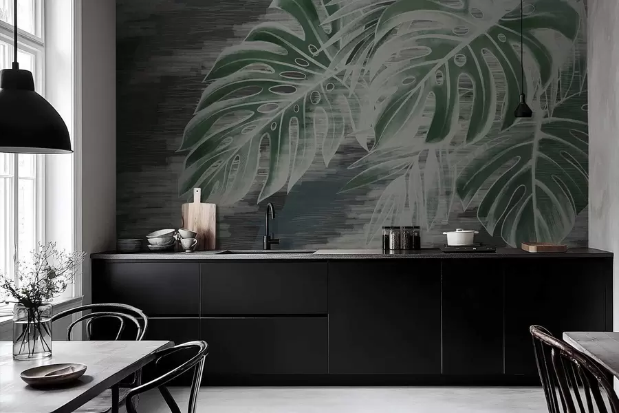 Fototapet Tmavě zelené listy na strukturovaném tmavém pozadí w05130v4