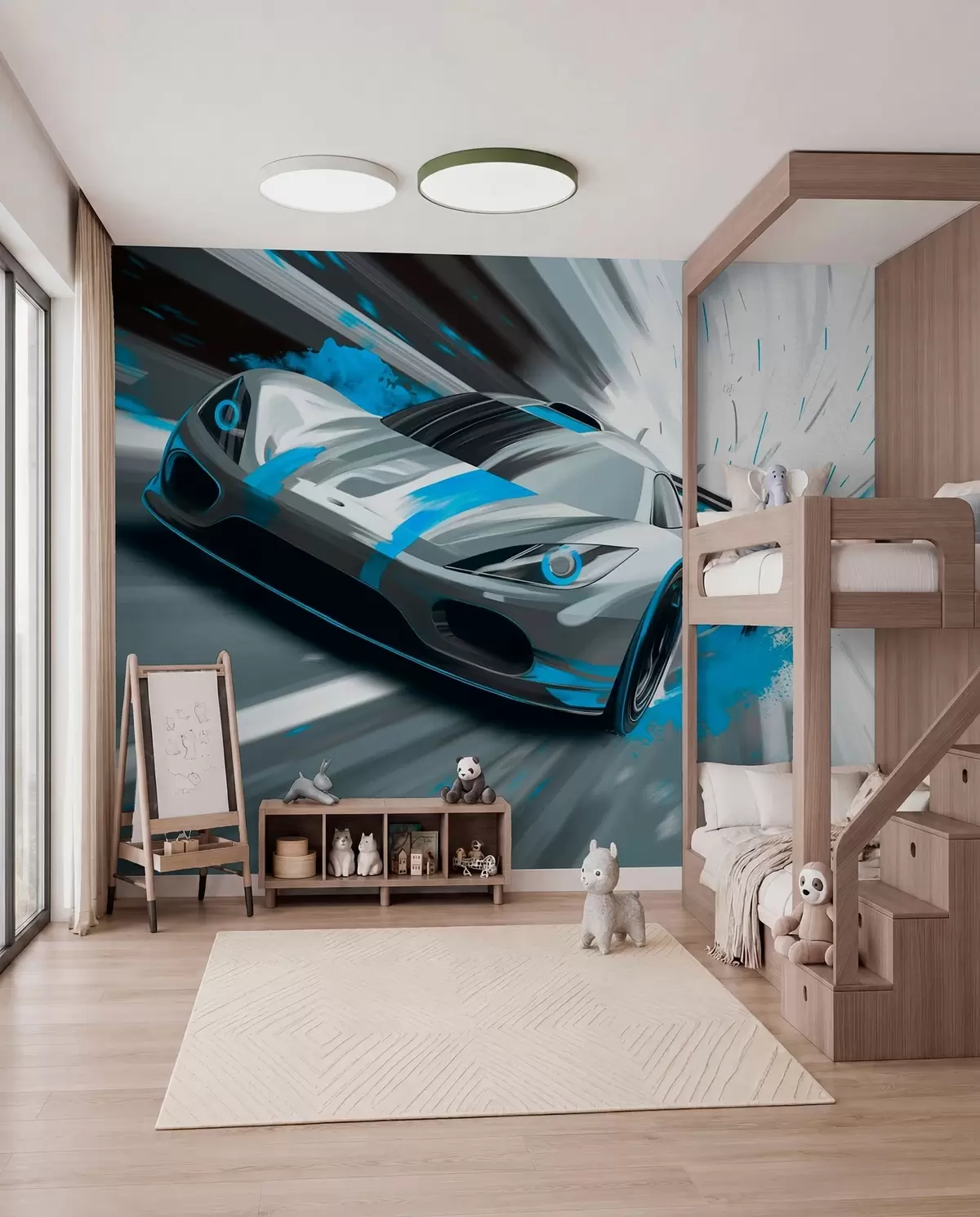 Fototapet dynamický sportovní vůz v digitálním kresebném stylu s tyrkysovými akcenty w05069v3